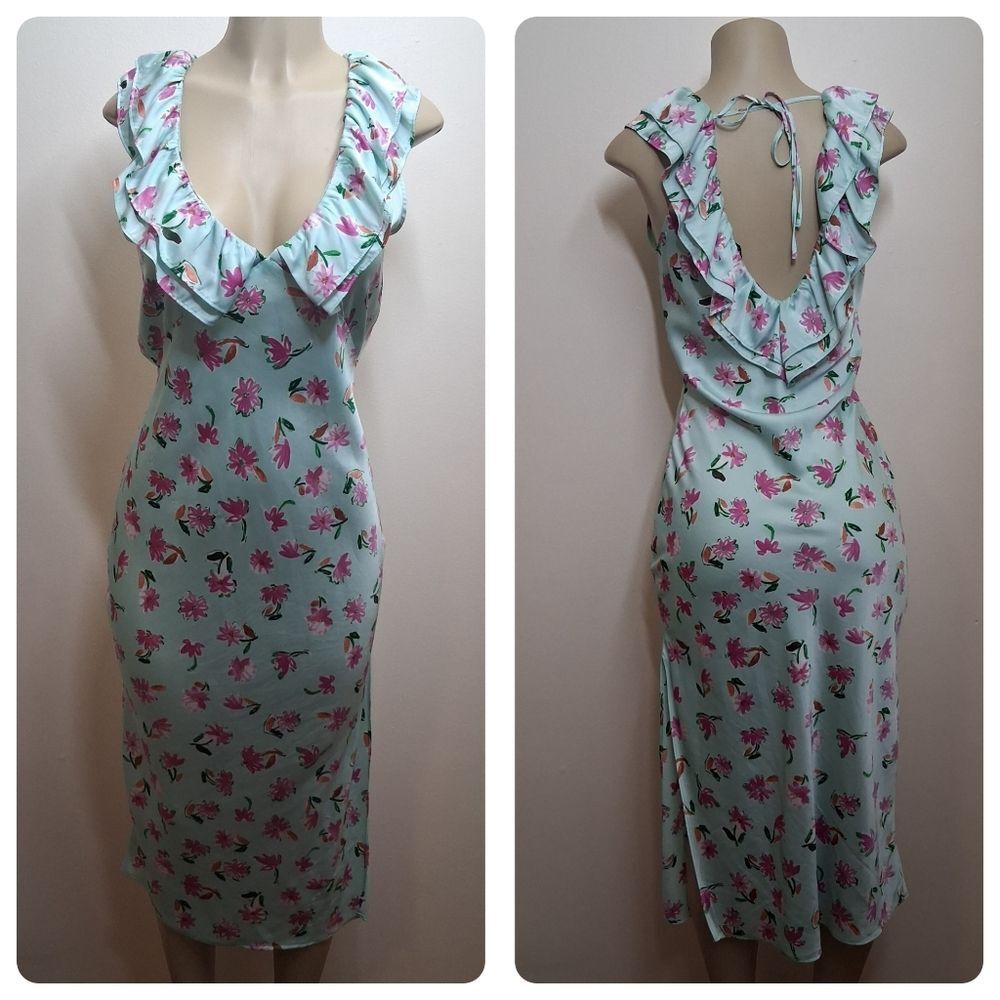 Zara Floral Satin Midi Dress Medium Plunge Neckline Exposes Back